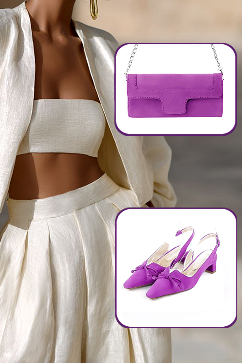 Dress slingback bow heels in mauve purple leather with kitten heels and tapered toe - Top view
